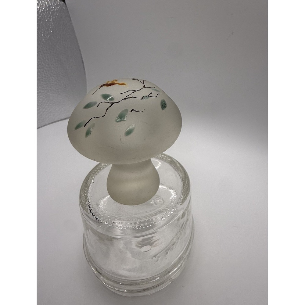 Vintage Frosted Glass Mushroom Figurine Signed Shawn Hand Painted Bird 3" - Picture 4 of 5